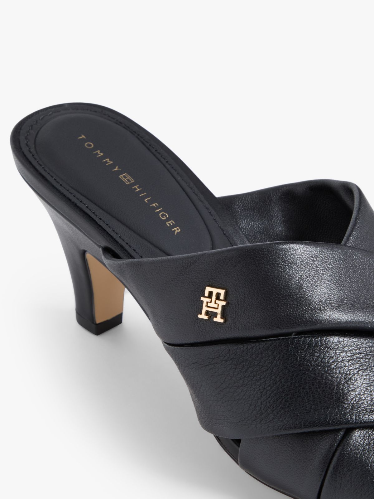 Leather Crossover Strap Heeled Mules — Black