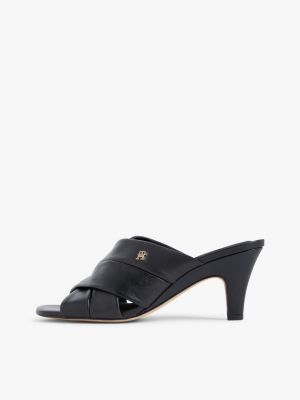 black leather crossover strap heeled mules for women tommy hilfiger
