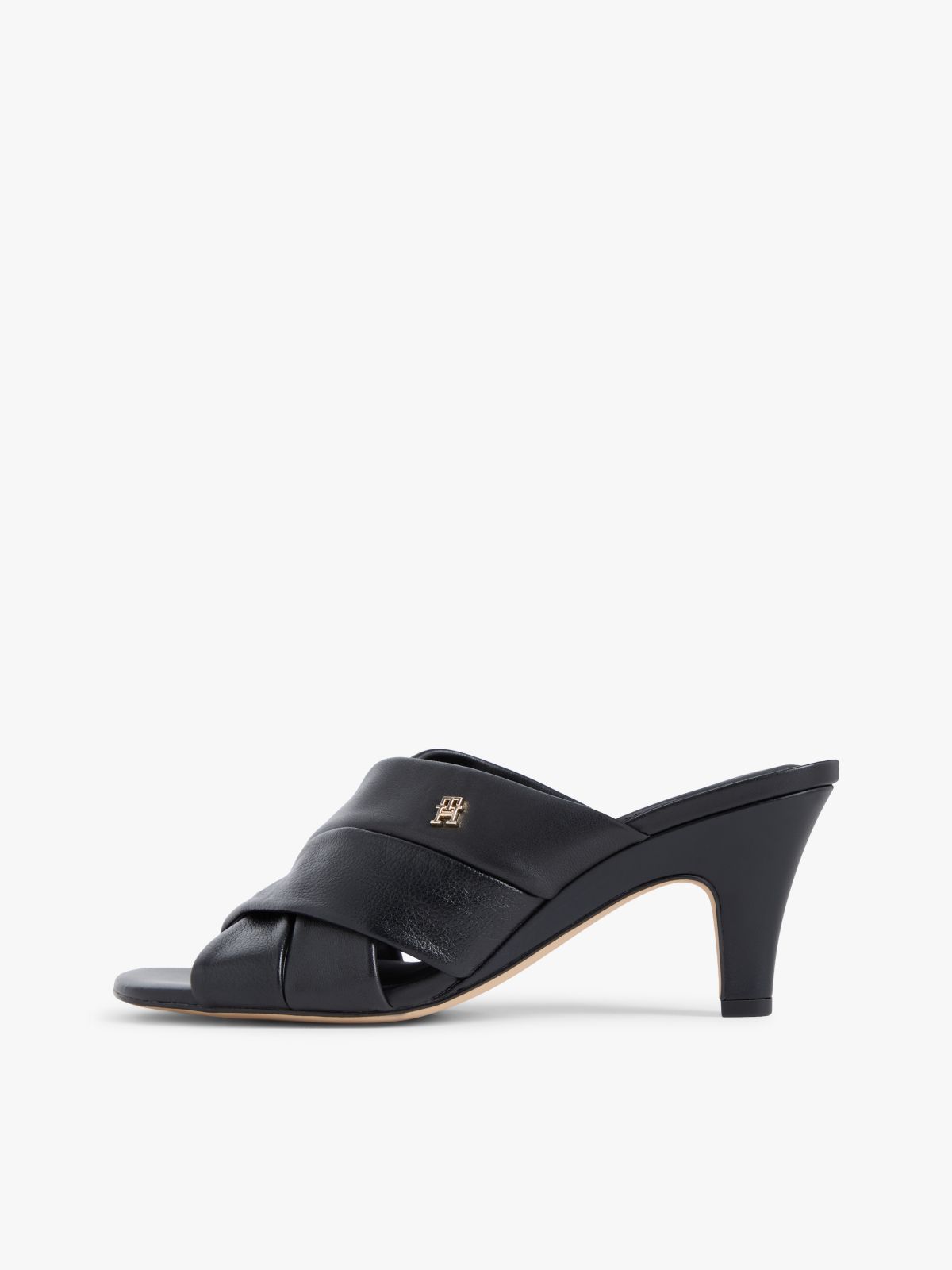 Leather Crossover Strap Heeled Mules — Black
