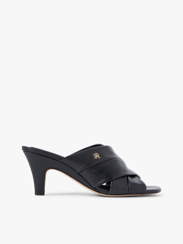 Leather Crossover Strap Heeled Mules — Black