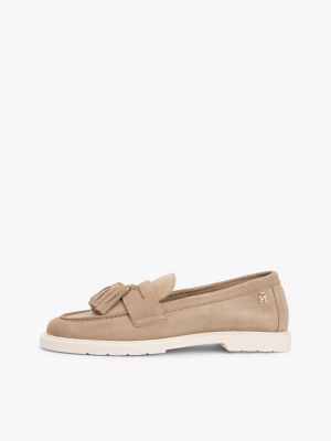 khaki lightweight suede tassel loafers for women tommy hilfiger