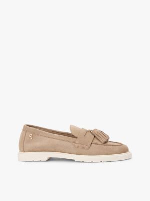 khaki lightweight suede tassel loafers for women tommy hilfiger