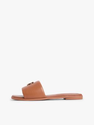 mules en cuir à bride et monogramme th marron pour femmes tommy hilfiger