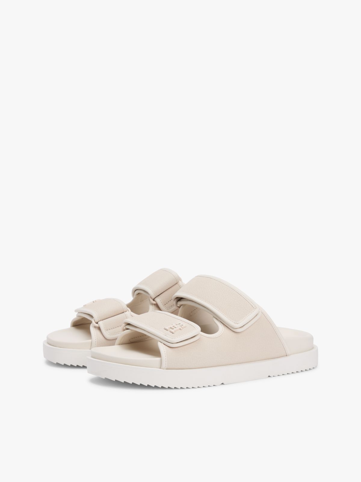 Leather Double Strap Serrated Sandals — Beige