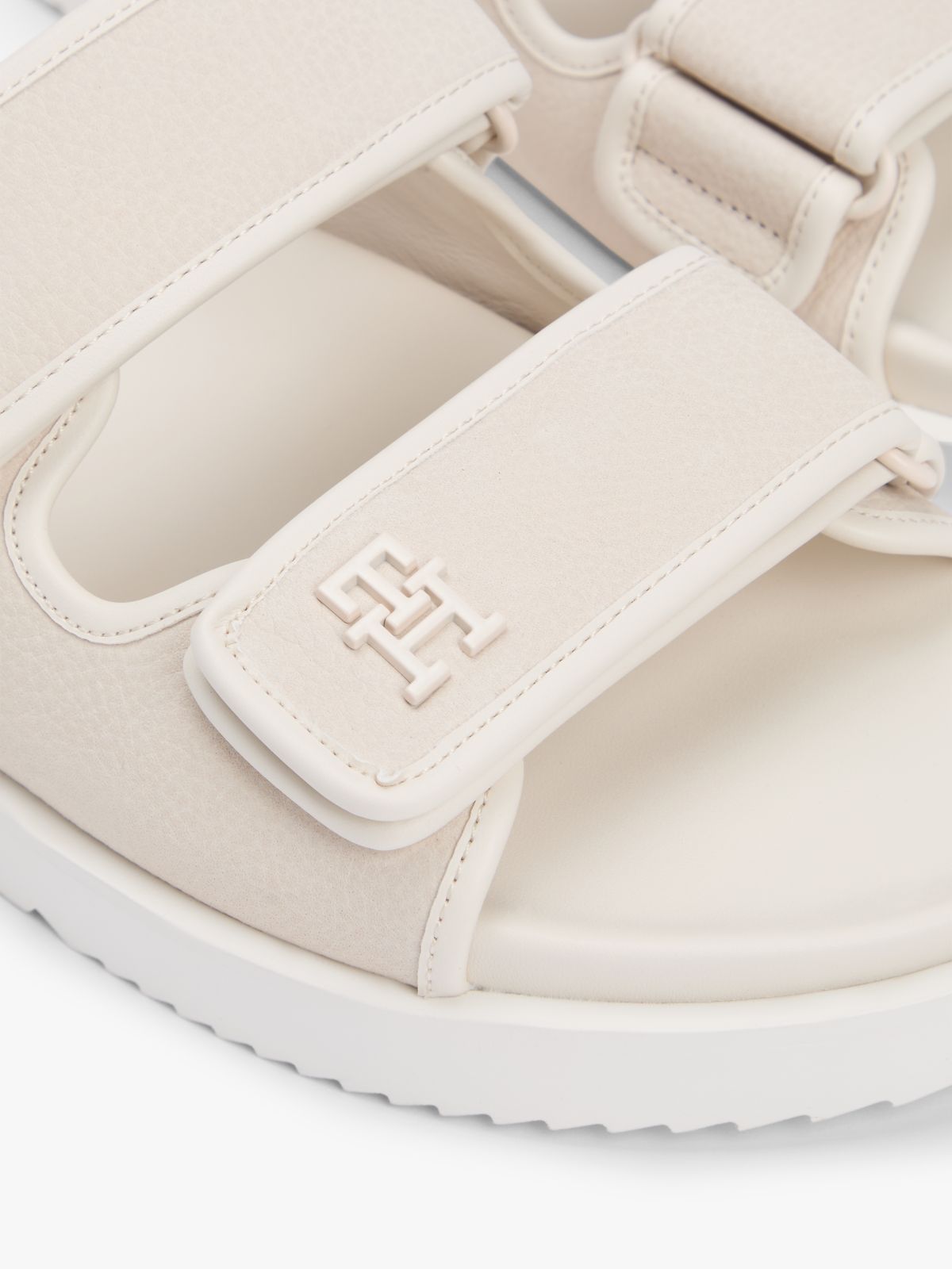 Leather Double Strap Serrated Sandals — Beige