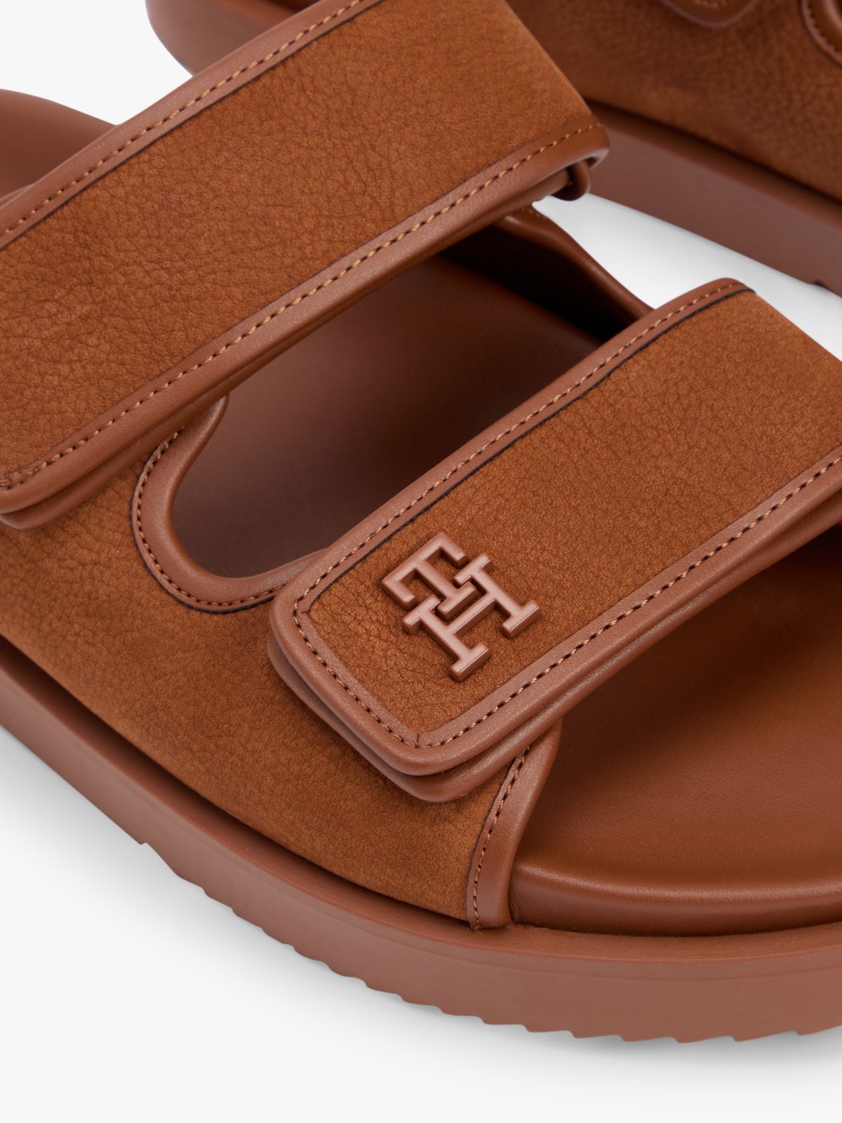 Leather Double Strap Serrated Sandals — Brown