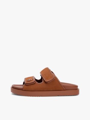 sandales en cuir à double bride dentelées marron pour femmes tommy hilfiger