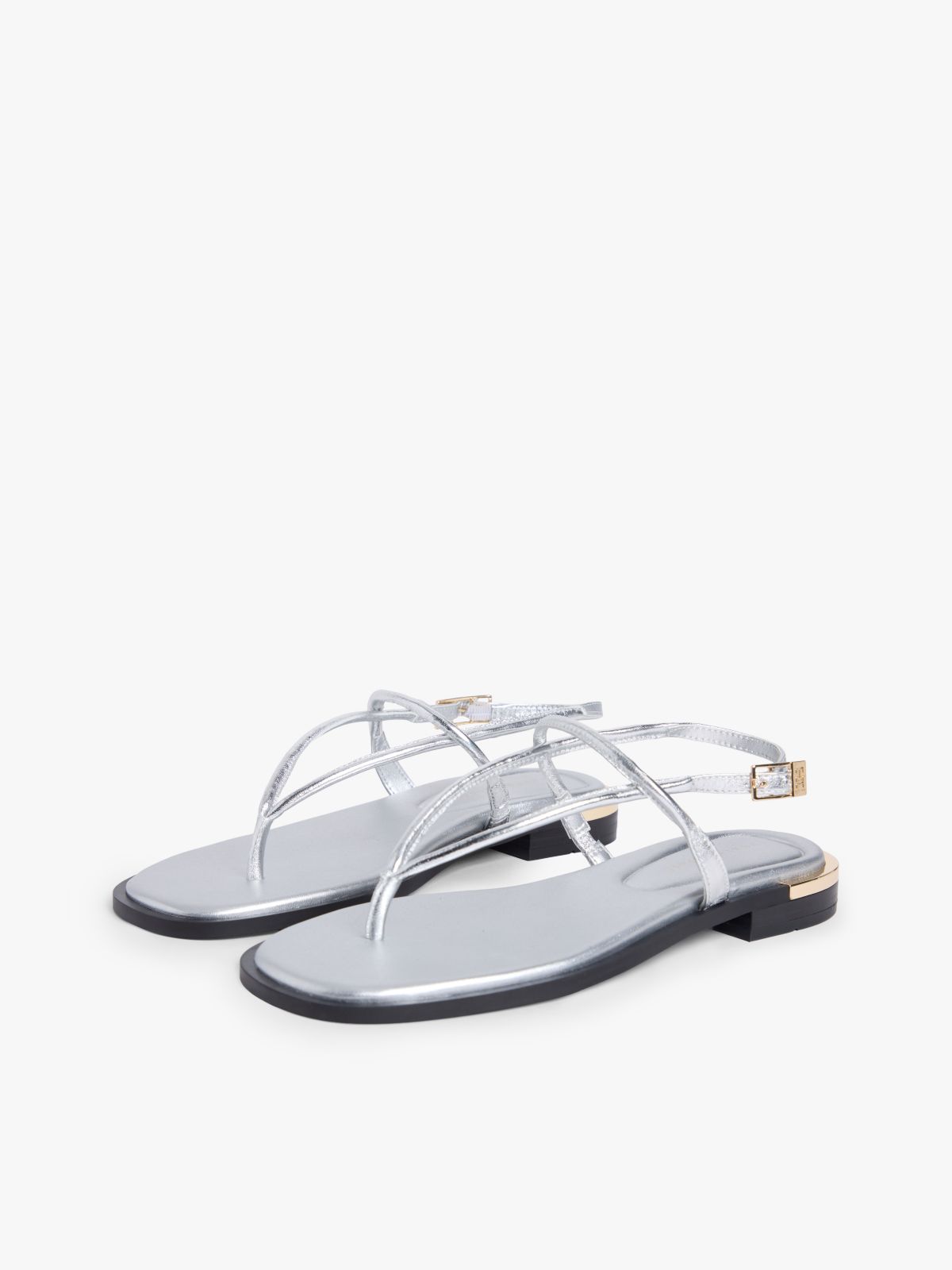 Metallic Leather Toe Post Flat Sandals — Grey