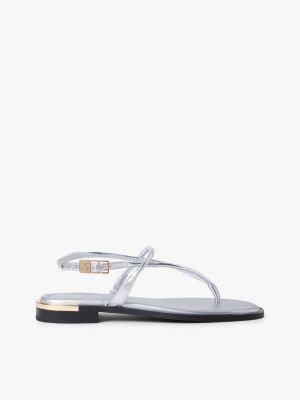 tongs plates en cuir métallisées grey pour femmes tommy hilfiger