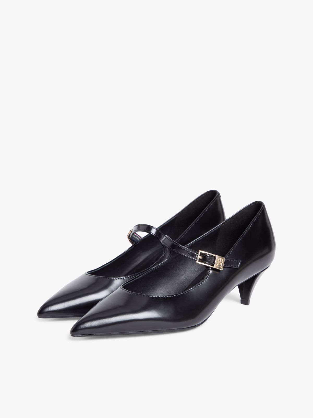 Shiny Leather Buckle Pointed Toe Heels — Black