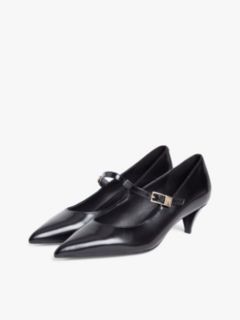 Shiny Leather Buckle Pointed Toe Heels — Black 2