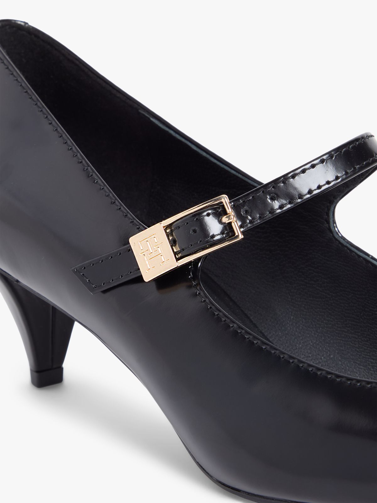 Shiny Leather Buckle Pointed Toe Heels — Black