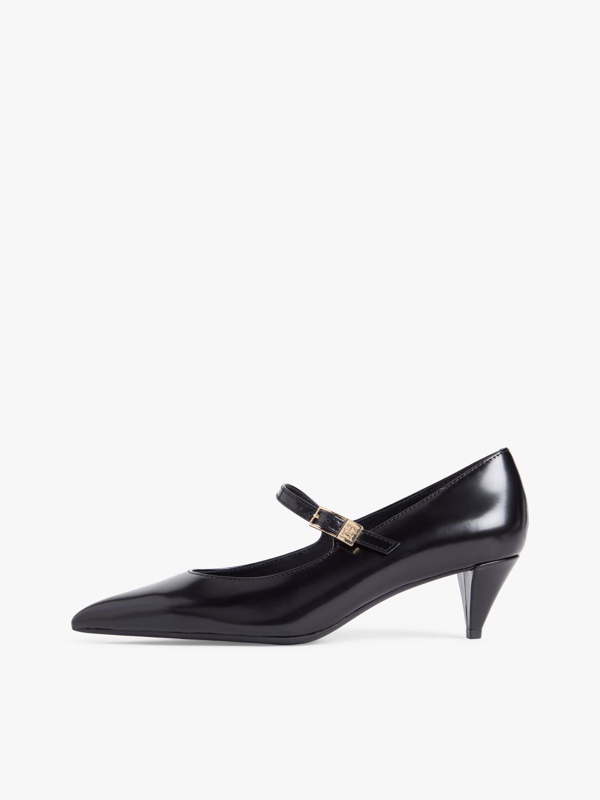 Shiny Leather Buckle Pointed Toe Heels — Black