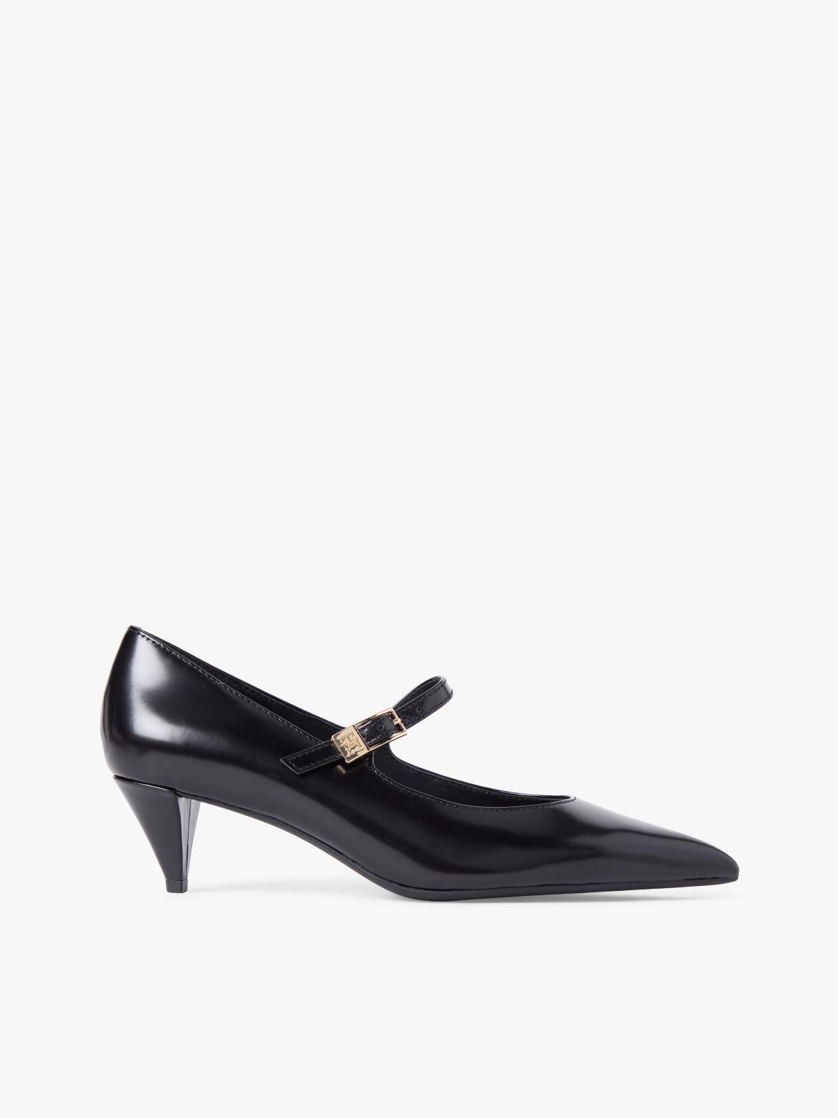 Shiny Leather Buckle Pointed Toe Heels — Black