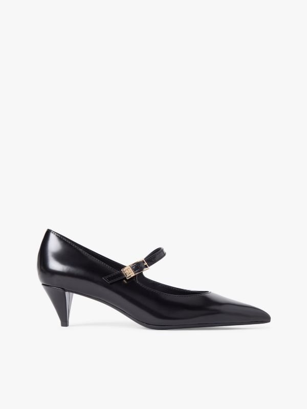 Shiny Leather Buckle Pointed Toe Heels — Black