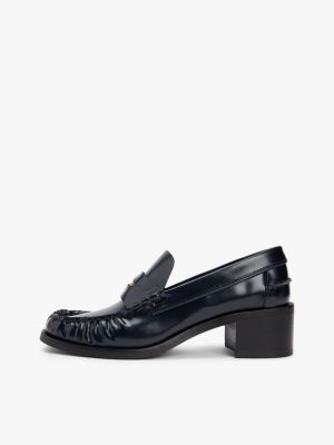 blue shiny leather block heel penny loafers for women tommy hilfiger