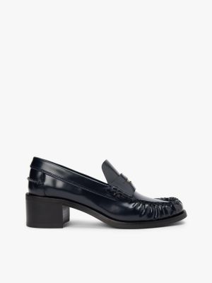 blue shiny leather block heel penny loafers for women tommy hilfiger