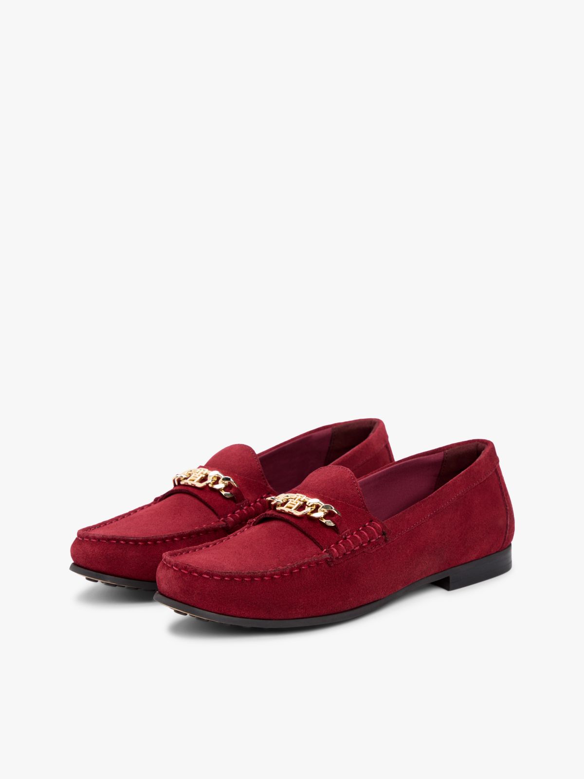 Suede Chain Penny Loafers — Brown