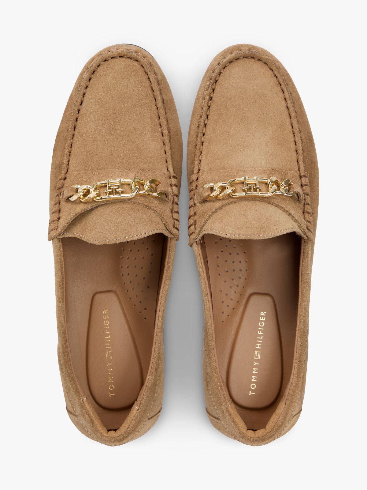 Suede Chain Penny Loafers — Khaki