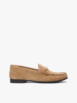 khaki suede chain penny loafers for women tommy hilfiger