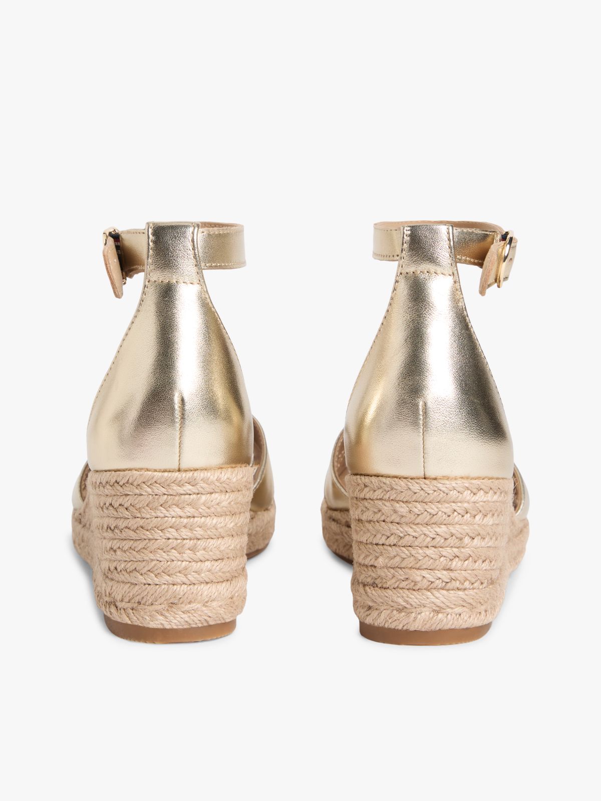 Metallic Leather Crossover Strap Wedge Espadrilles — Gold