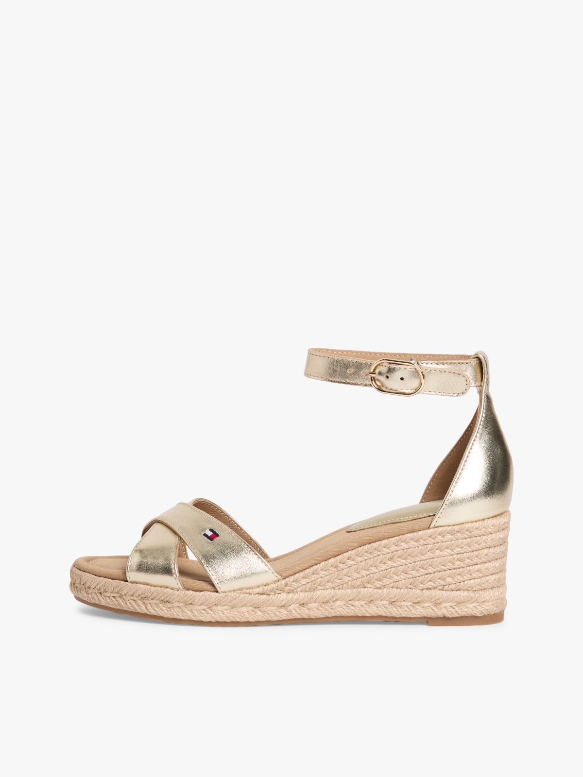 Metallic Leather Crossover Strap Wedge Espadrilles — Gold