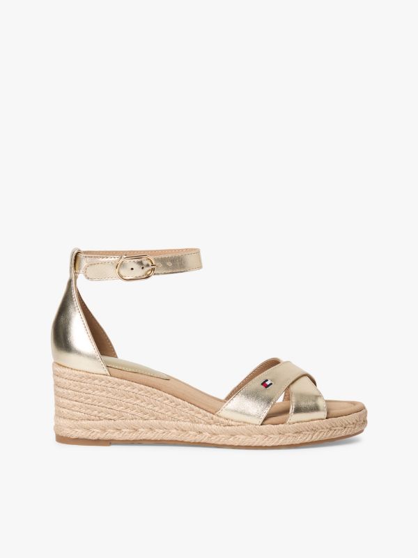Metallic Leather Crossover Strap Wedge Espadrilles — Gold