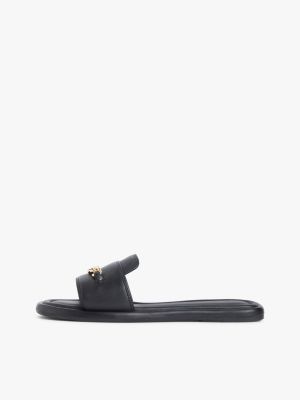 mules plates en cuir à bride et monogramme th noir pour femmes tommy hilfiger