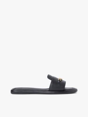 mules plates en cuir à bride et monogramme th black pour femmes tommy hilfiger