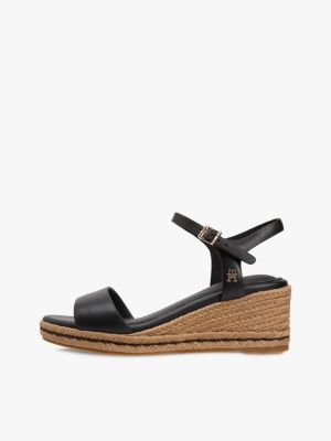 zwart leren espadrille met sleehak en th-monogram voor dames - tommy hilfiger
