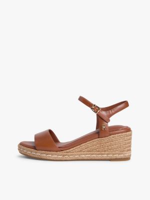 bruin leren espadrille met sleehak en th-monogram voor dames - tommy hilfiger