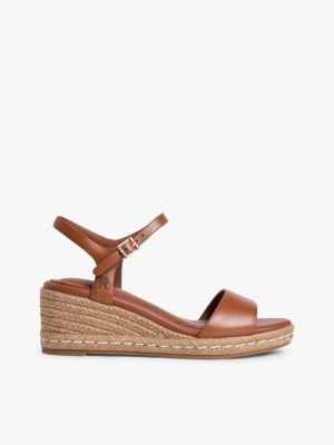 brown leren espadrille met sleehak en th-monogram voor dames - tommy hilfiger