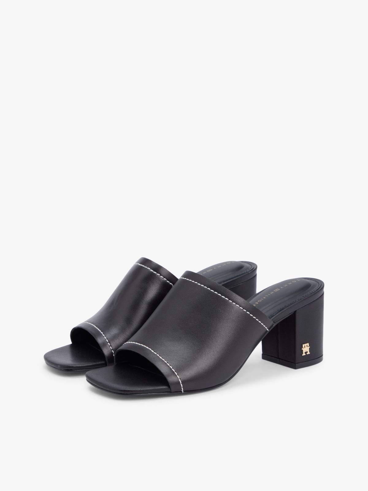 TH Monogram Leather Block Heel Mules — Black