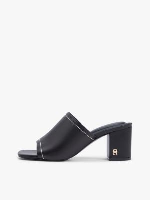 black th monogram leather block heel mules for women tommy hilfiger