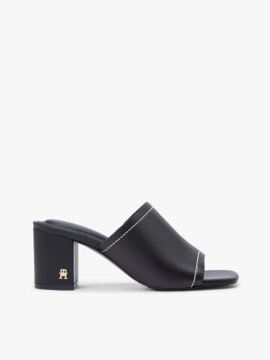 black th monogram leather block heel mules for women tommy hilfiger