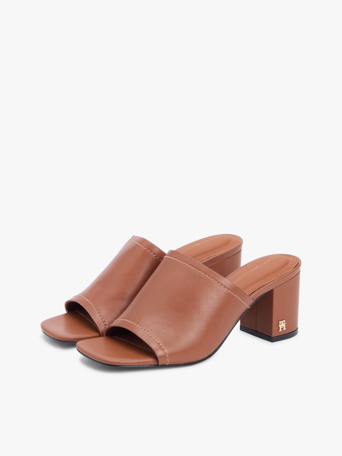 TH Monogram Leather Block Heel Mules — Brown