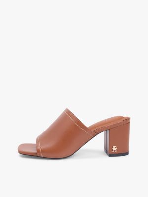 brown th monogram leather block heel mules for women tommy hilfiger