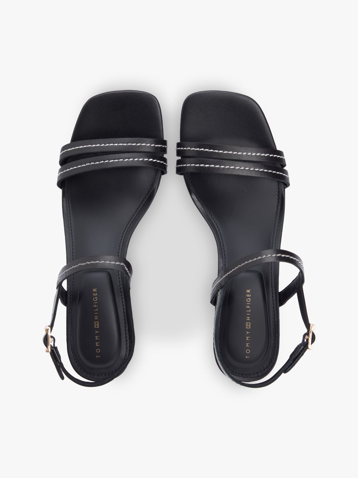 Leather Contrast Topstitch Block Heel Sandals — Black
