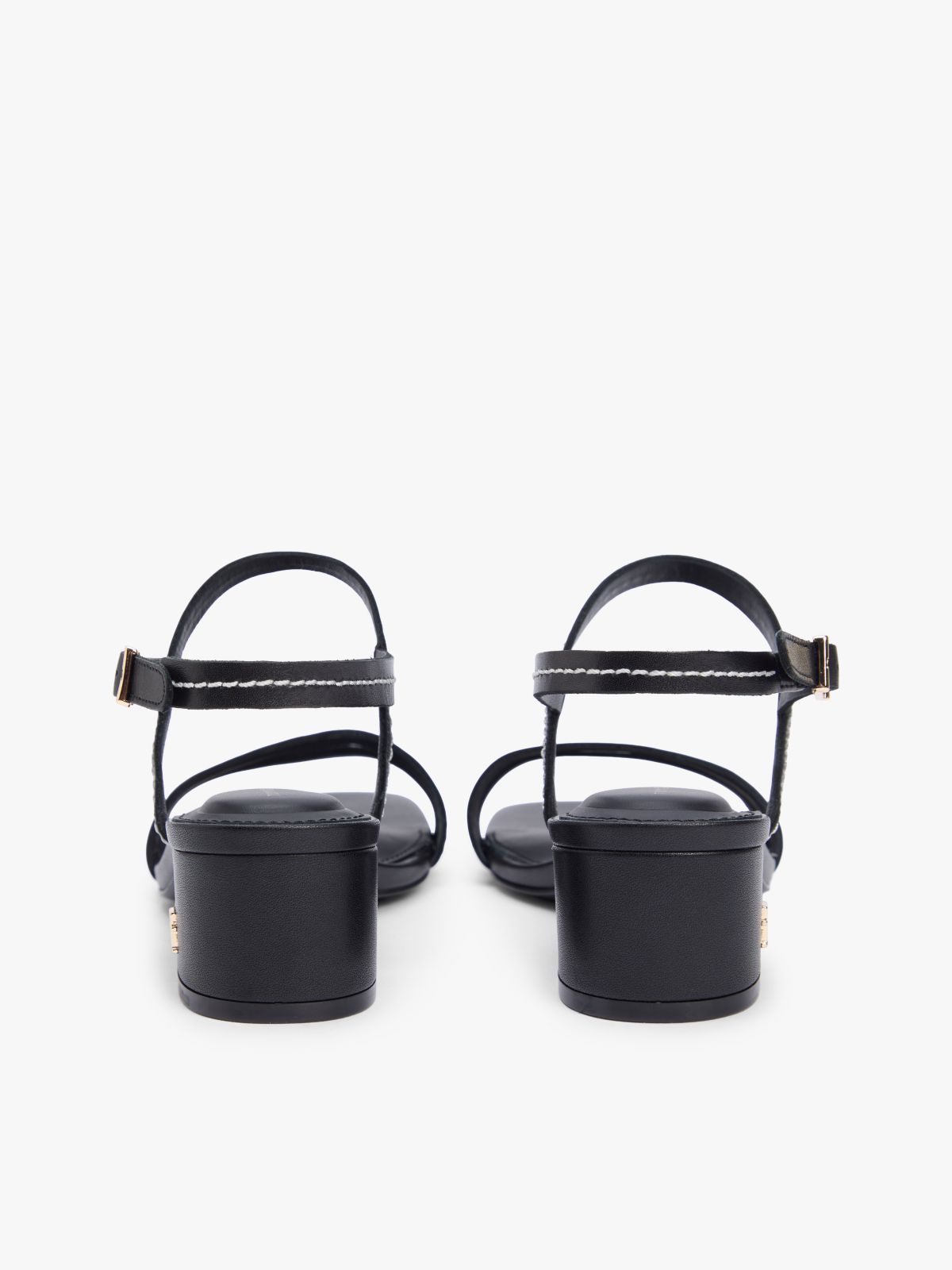 Leather Contrast Topstitch Block Heel Sandals — Black