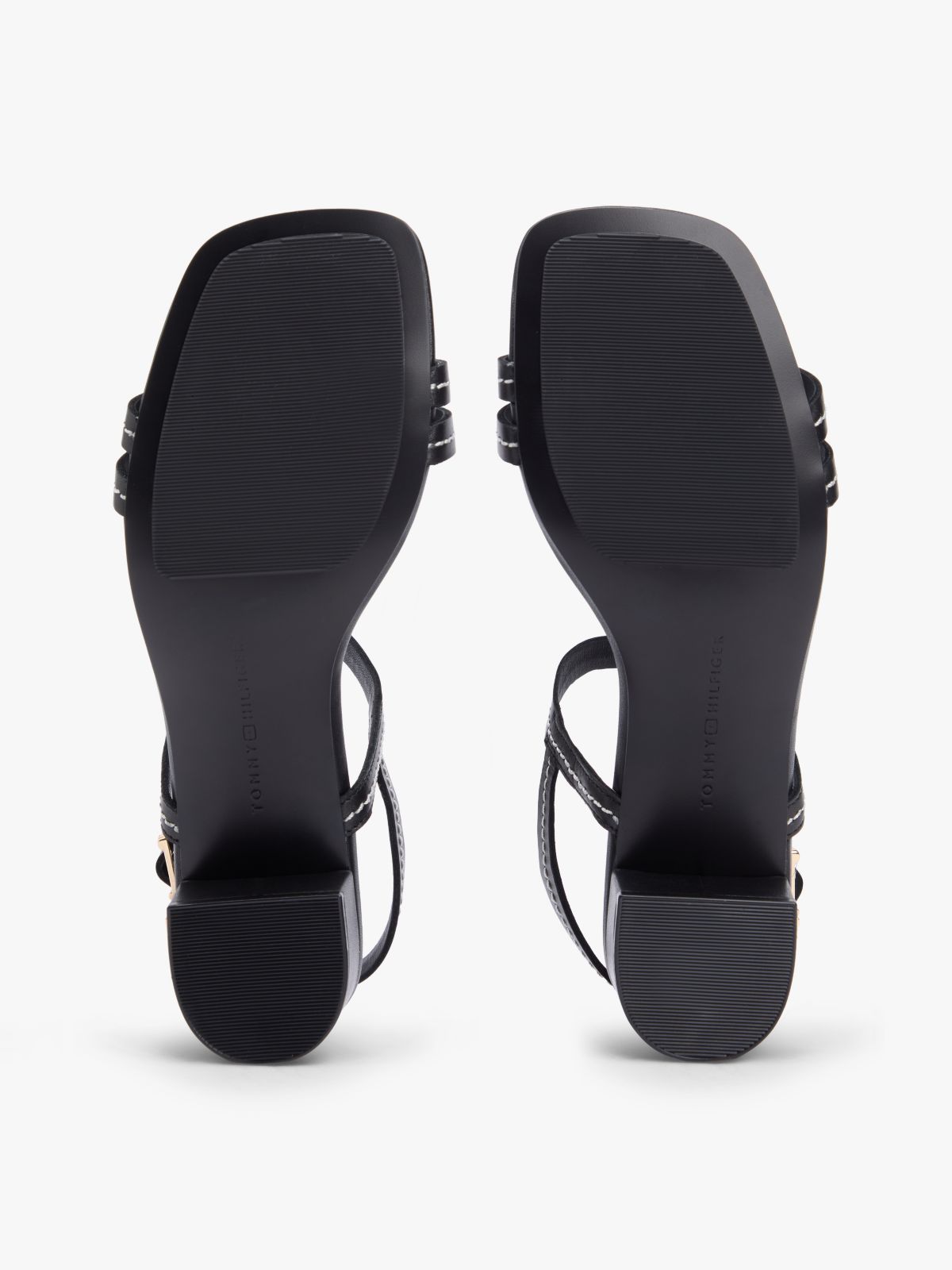Leather Contrast Topstitch Block Heel Sandals — Black