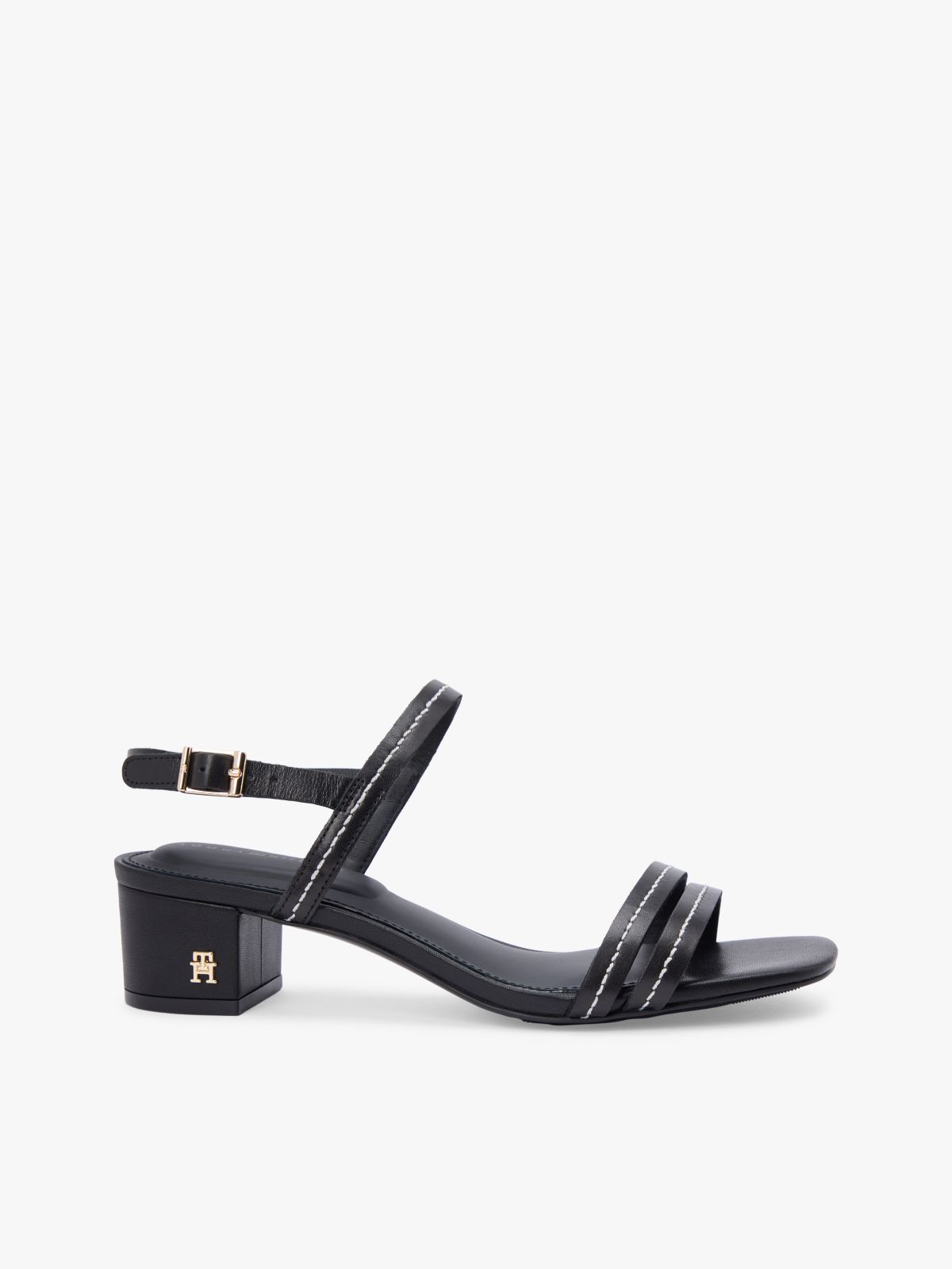 Leather Contrast Topstitch Block Heel Sandals — Black