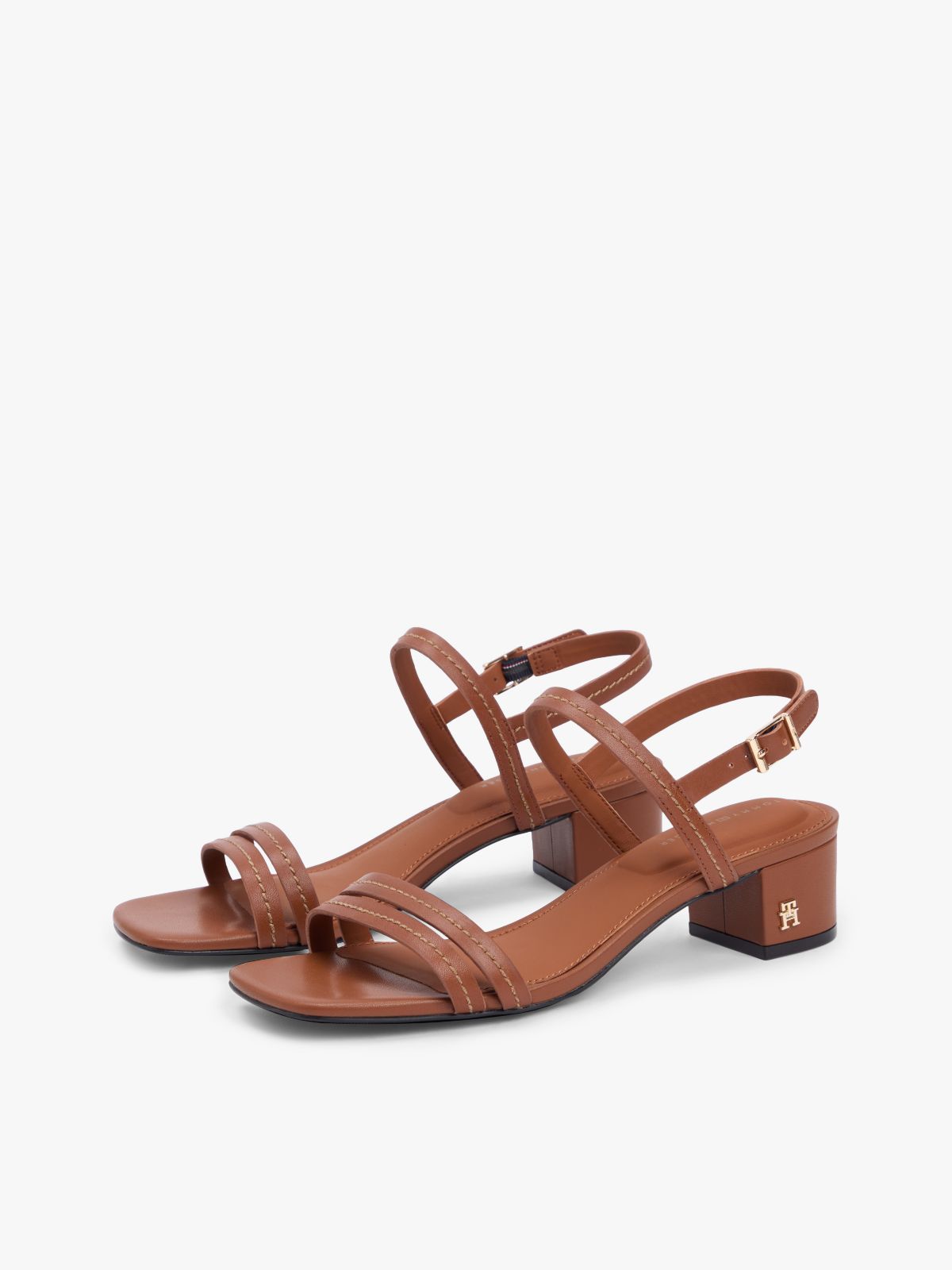 Leather Contrast Topstitch Block Heel Sandals — Brown