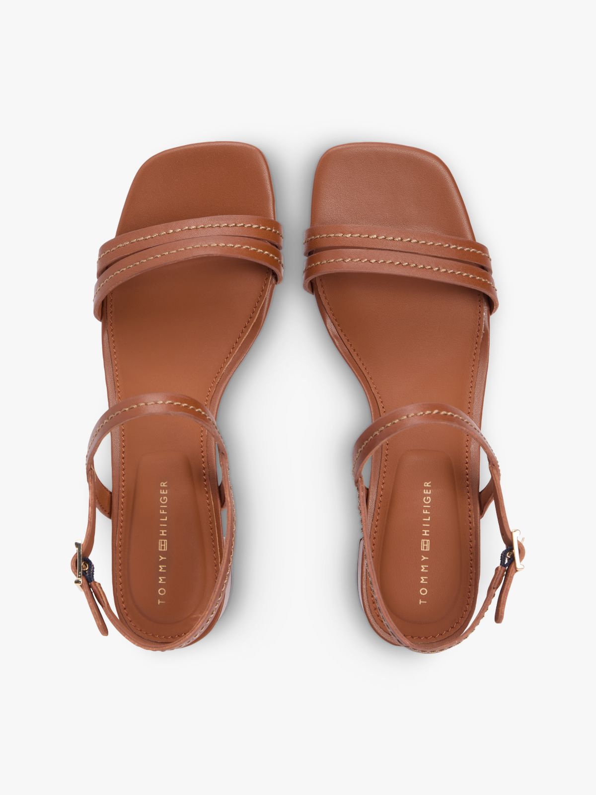 Leather Contrast Topstitch Block Heel Sandals — Brown