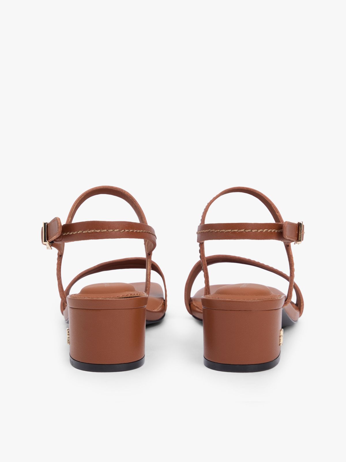Leather Contrast Topstitch Block Heel Sandals — Brown