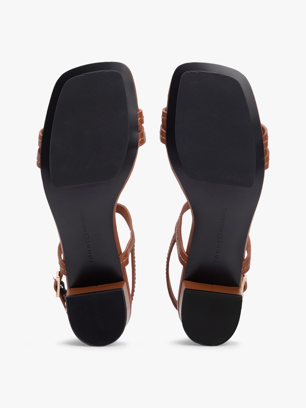 Leather Contrast Topstitch Block Heel Sandals — Brown
