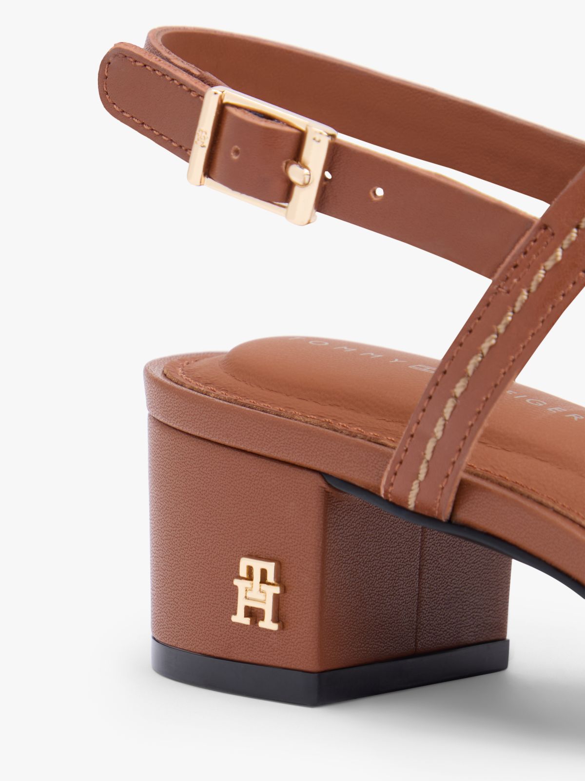 Leather Contrast Topstitch Block Heel Sandals — Brown