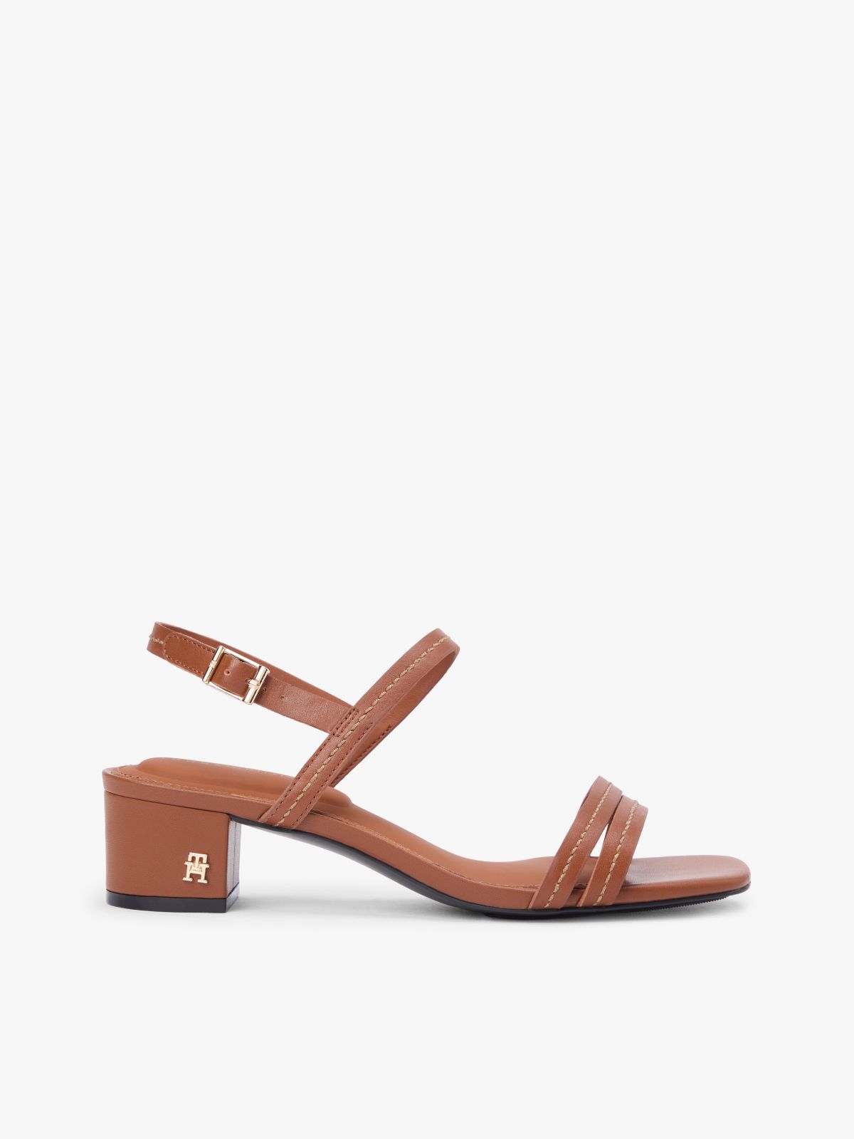 Leather Contrast Topstitch Block Heel Sandals — Brown