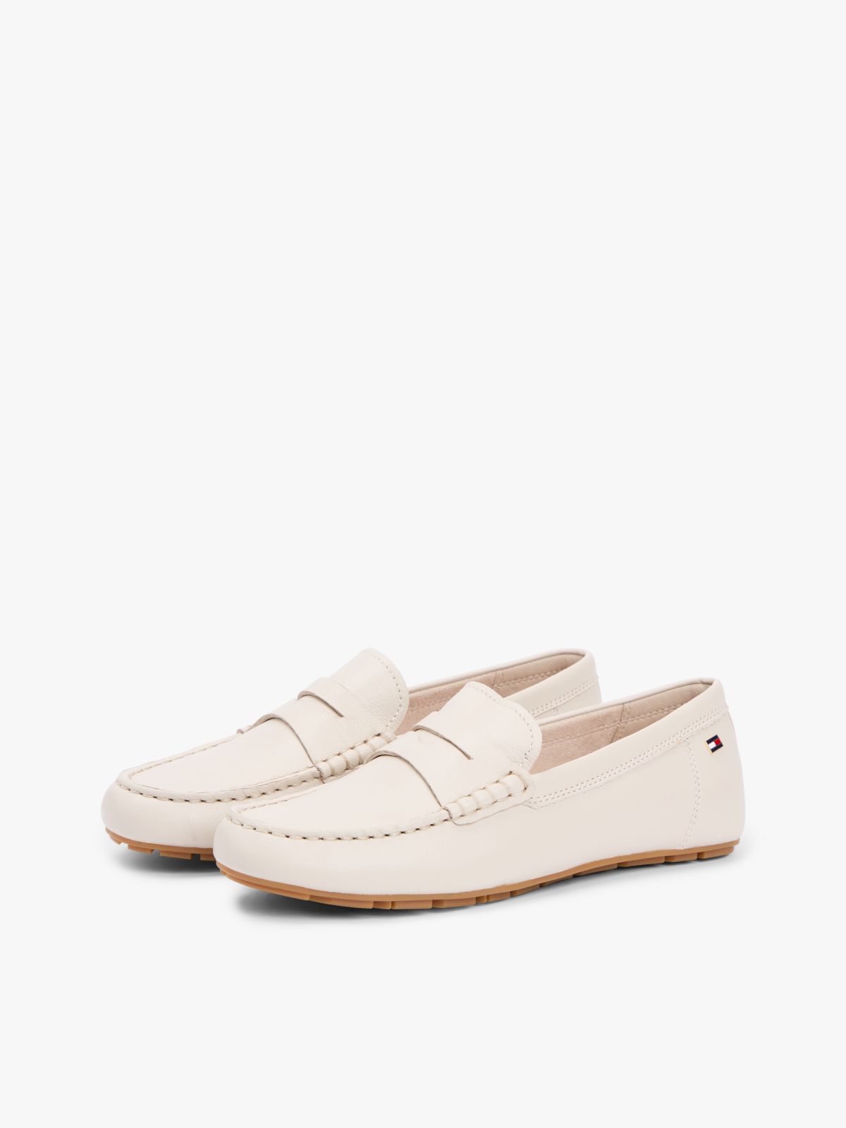 Leather Enamel Flag Driver Shoes — Beige