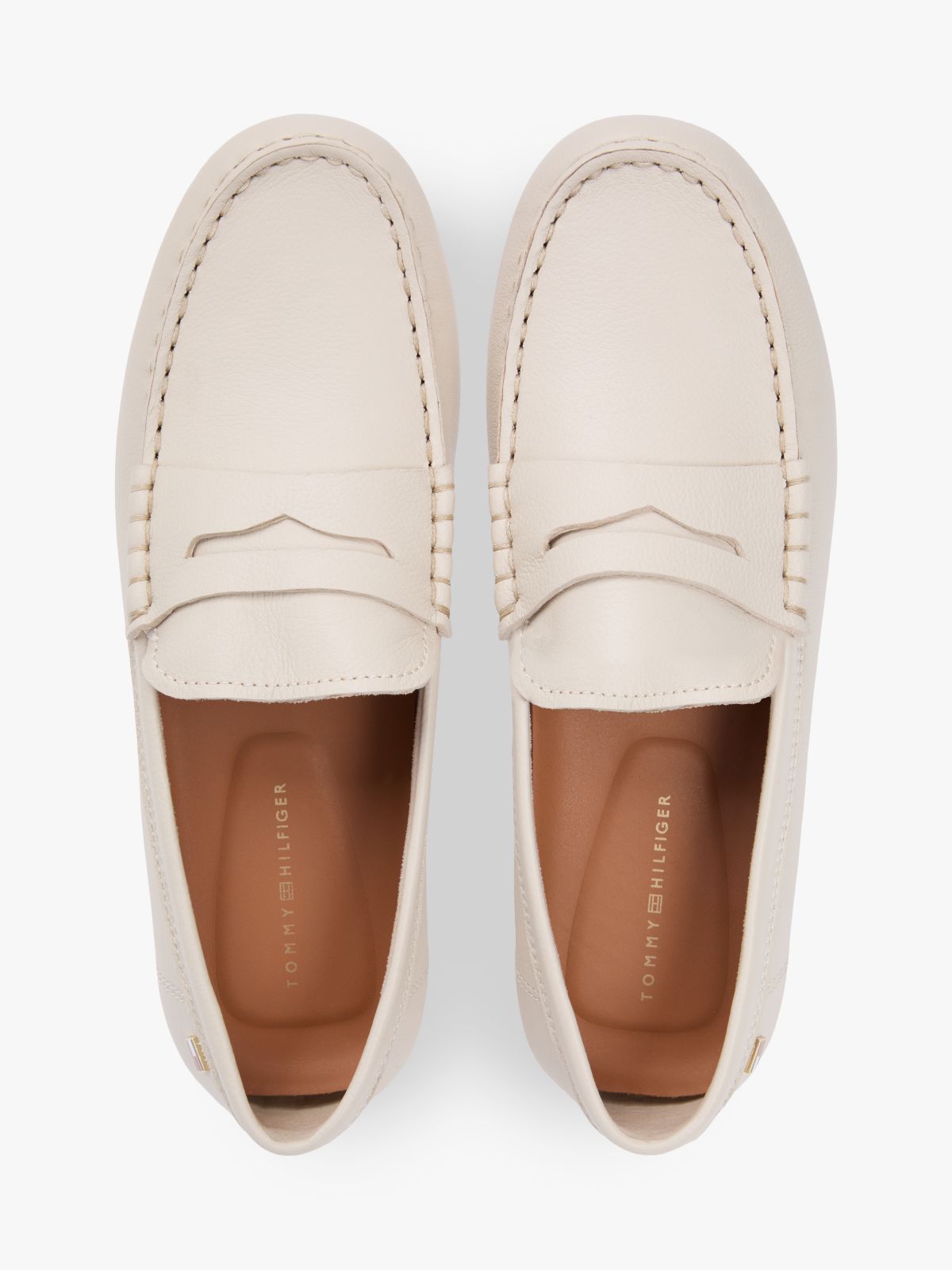 Leather Enamel Flag Driver Shoes — Beige