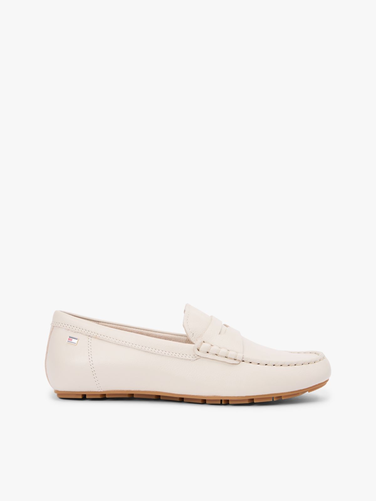 Leather Enamel Flag Driver Shoes — Beige